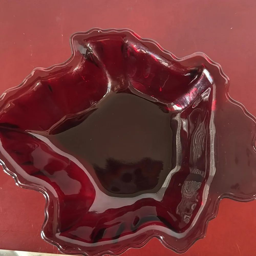 Vintage Anchor Hocking Ruby Red Depression Glass Leaf Dish